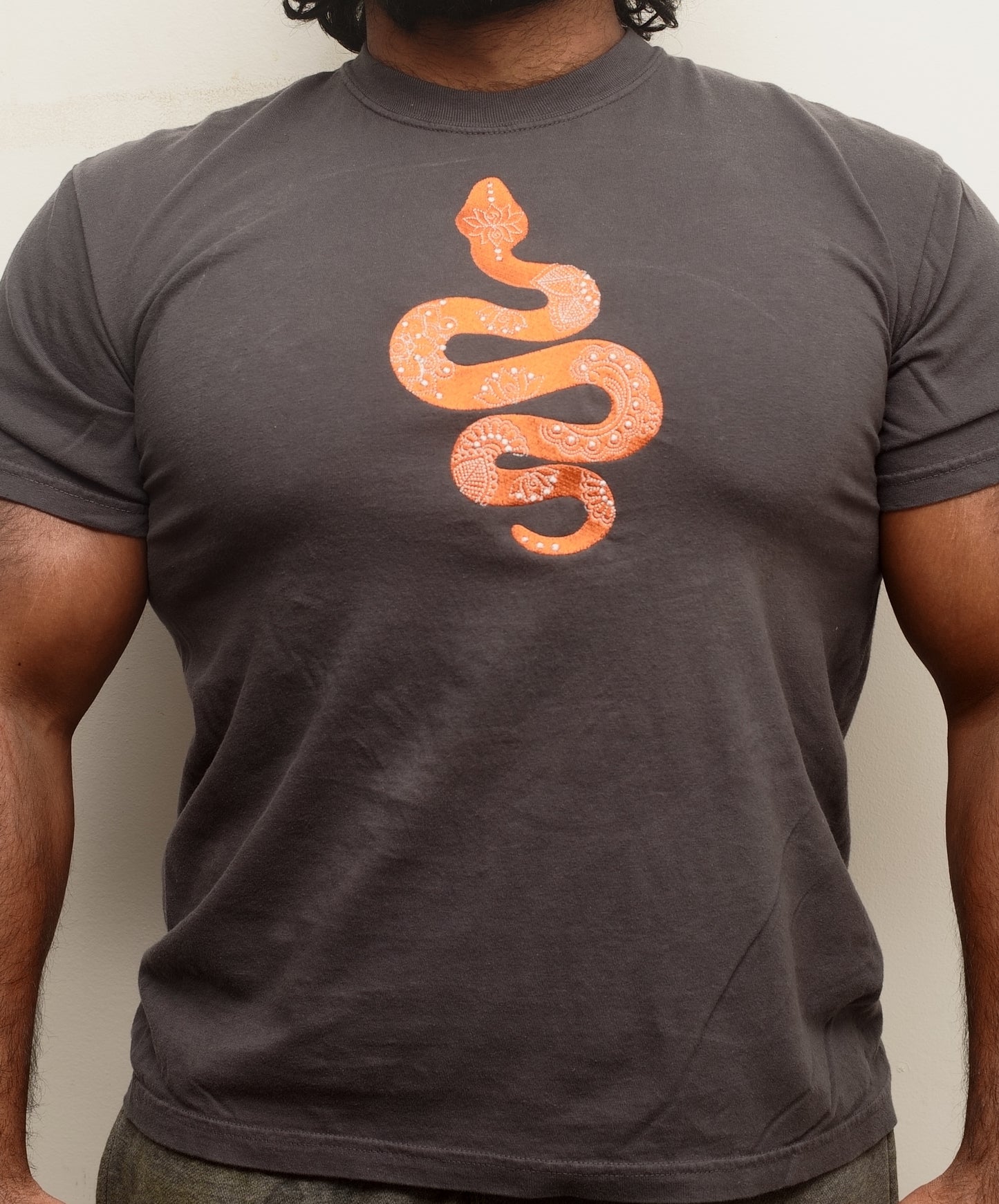 Person wearing a dark gray t-shirt with an orange snake embroidery on a plain background