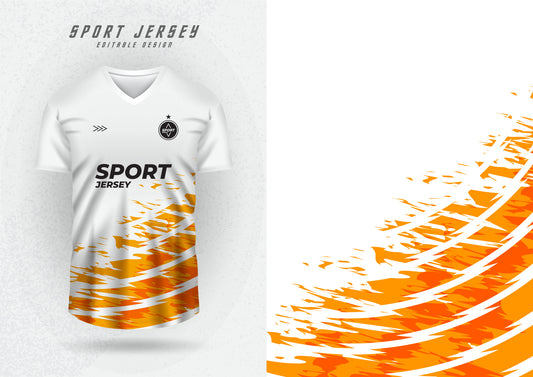 White sports jersey with orange and yellow abstract design on a white background